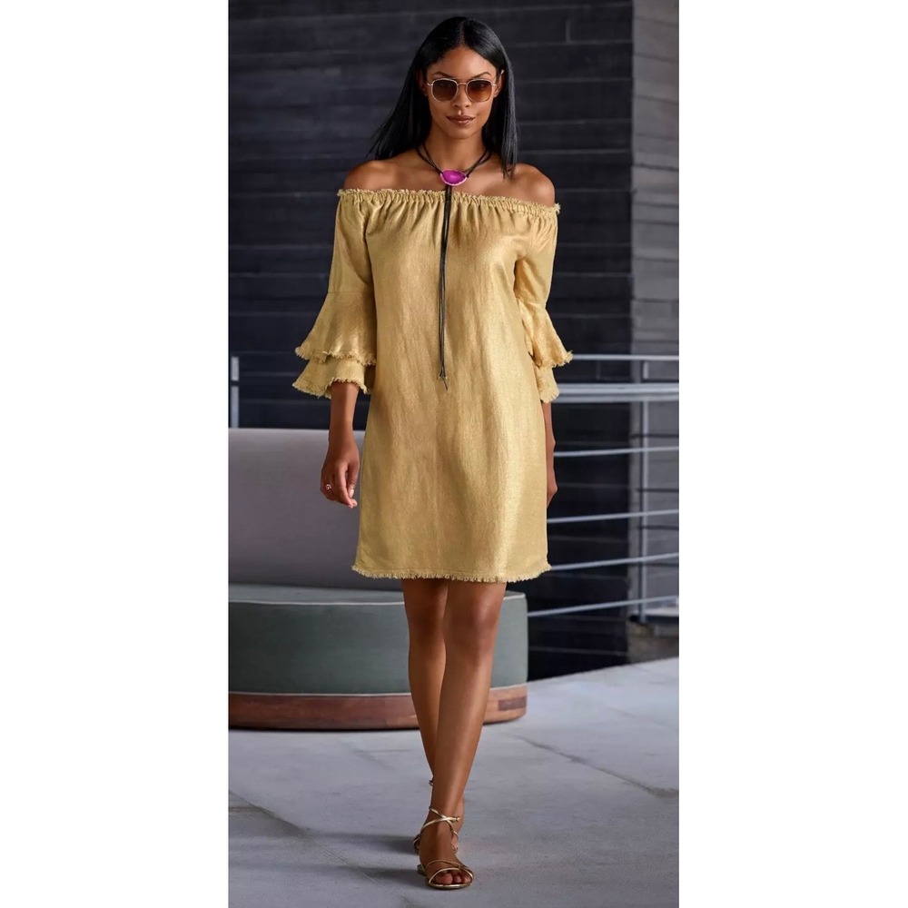 Boston Proper Linen Blend Off The Shoulder Tiered Sleeve Shift Dress Gold Size L